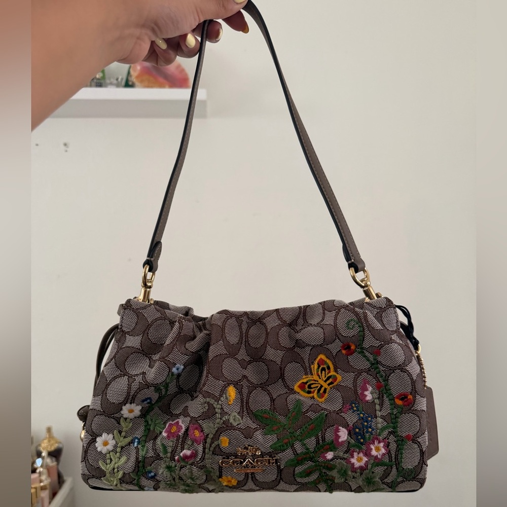 Coach Brown Signature Floral & Butterfly Shoulder Bag